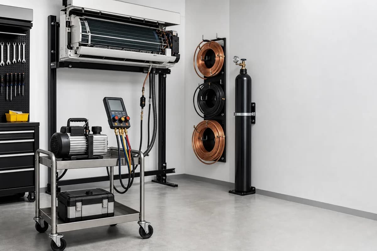 Spotless air conditioning workroom: an indoor unit on the service bench, with digital gauges and a vacuum pump on the steel cart and copper lines on the wall