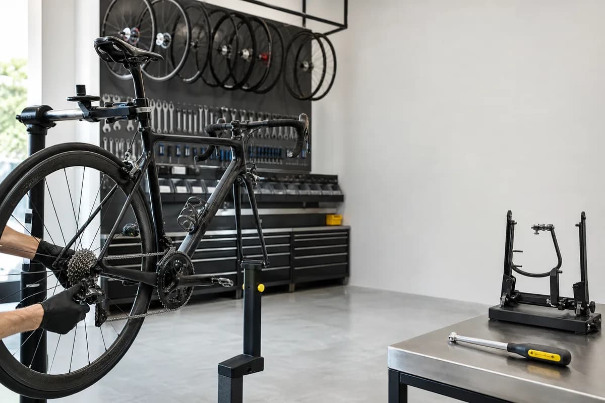 Boutique bicycle service center: a carbon road bike on a professional stand, with a wheel truing stand on the steel bench and wheels hanging on the wall