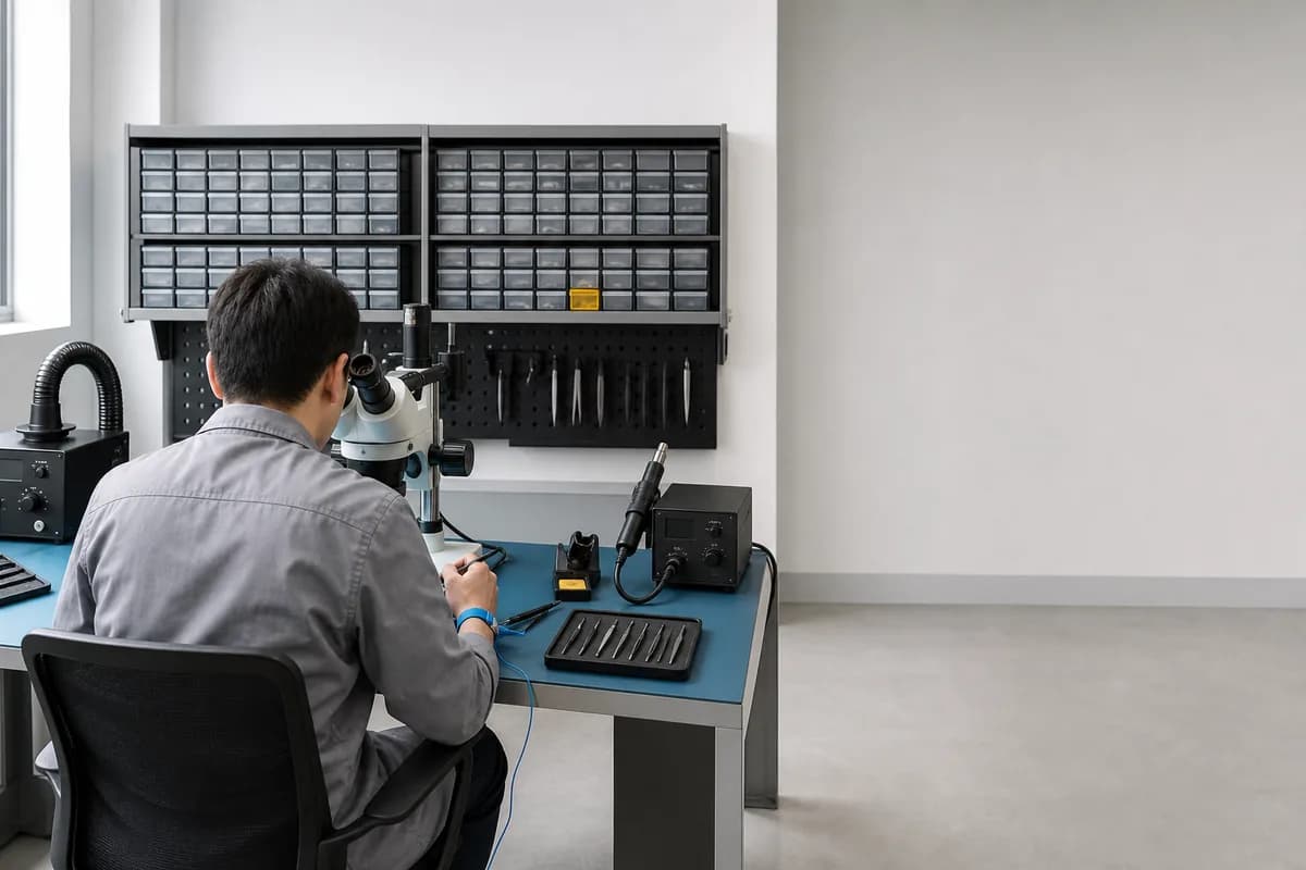 Microelectronics lab in a cellphone service center: a technician seen from behind works with the microscope on an antistatic bench, with a hot air station and labeled drawers