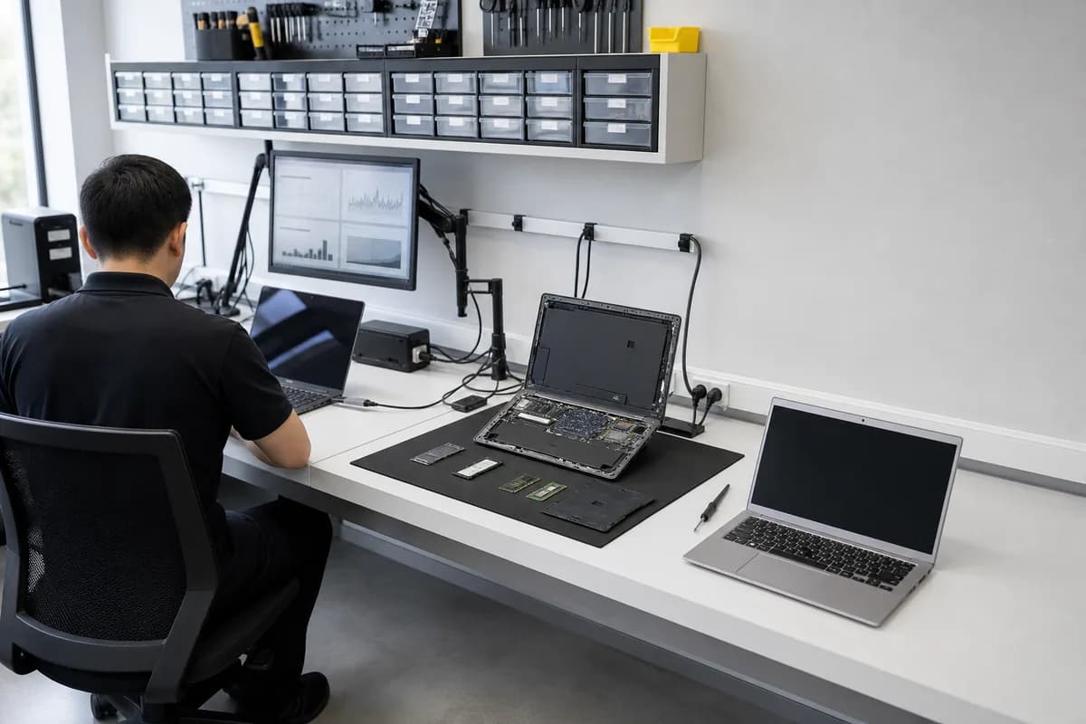 Computer diagnostics bench: three open laptops on a white table, one disassembled on the antistatic mat, with a diagnostics monitor on an articulated arm