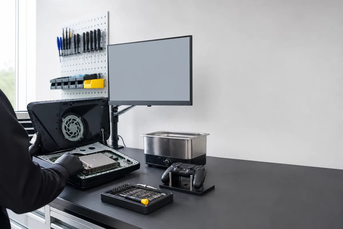 Game console service station: an open console on the bench showing the fan and heatsink, with an ultrasonic cleaner, a controller on a calibration dock and a test monitor