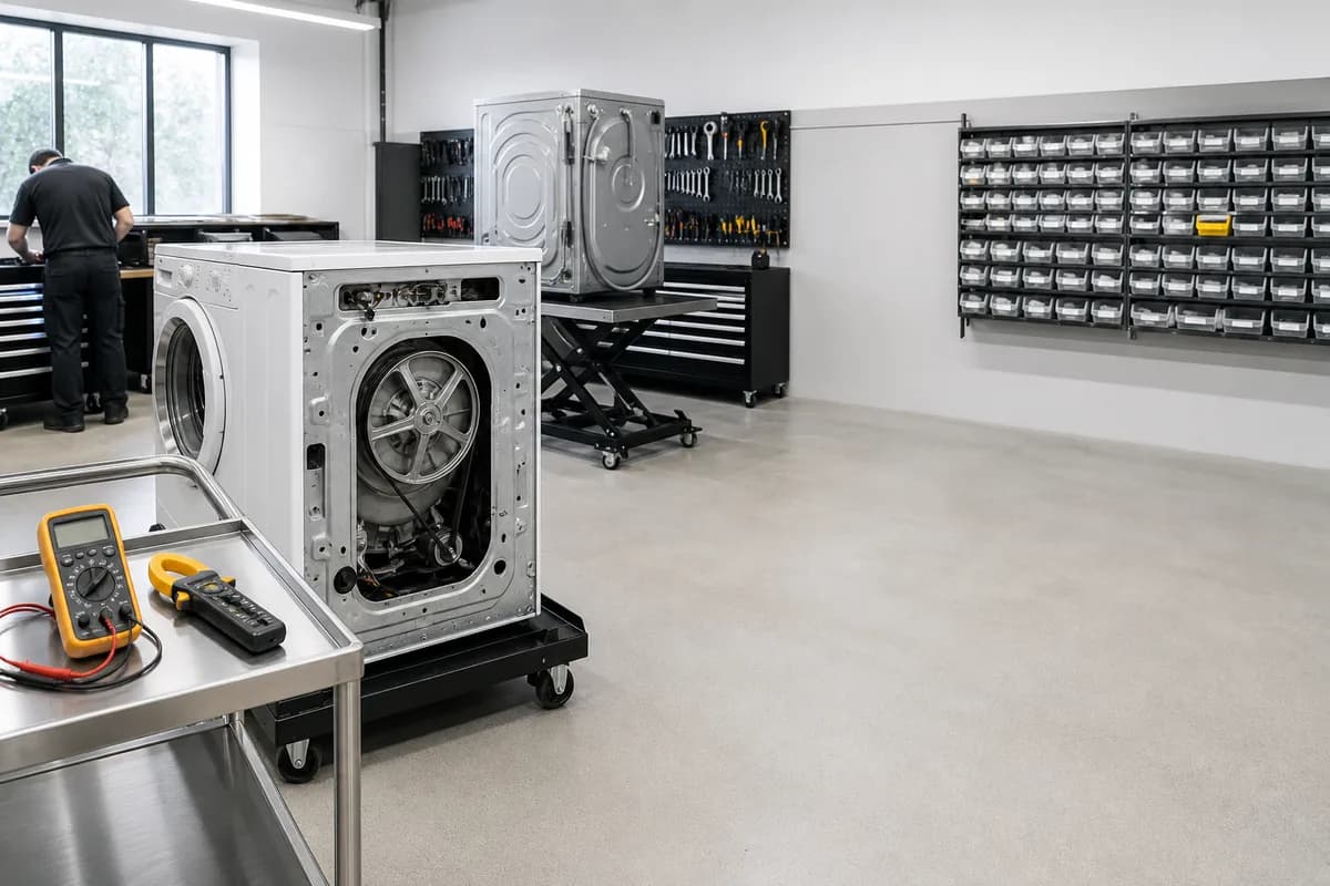 White goods service center: a washer on a service dolly with the back panel removed, with a multimeter and clamp meter on the cart and a wall of labeled parts