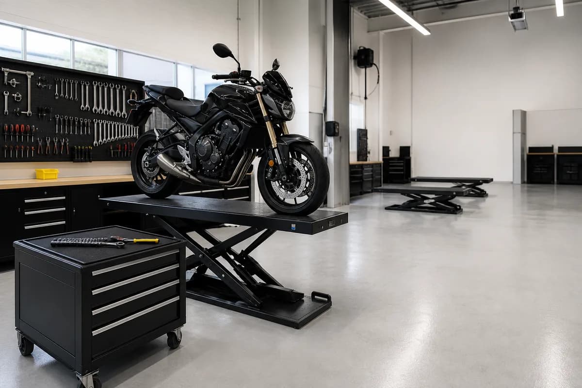 Professional motorcycle shop: a bike on the hydraulic lift over spotless epoxy flooring, with a tidy tool panel and more service bays in the background