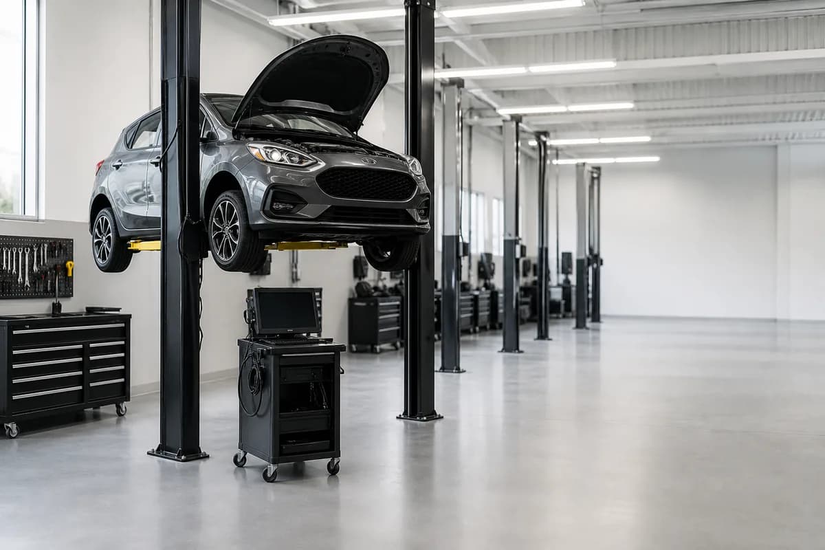 Professional automotive bay: a vehicle on the two-post lift with the hood open, a diagnostic scanner cart beside it and more bays in the background